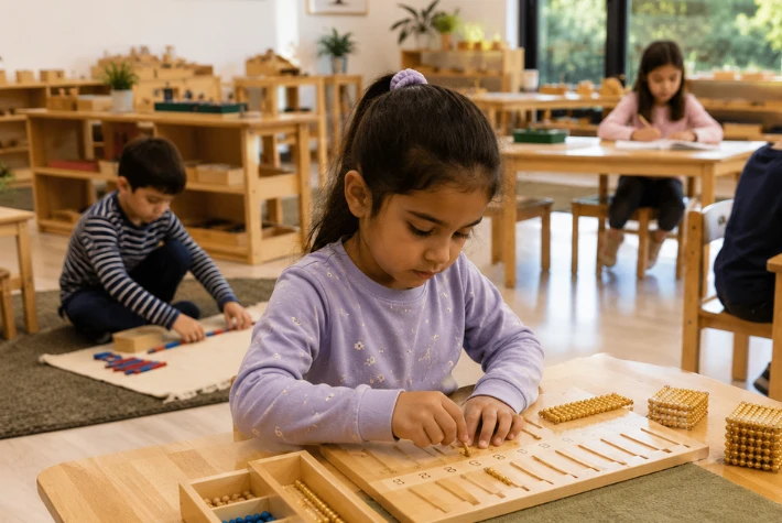 Children aged 3 to 6 learning with Montessori materials in the Freethinking Montessori School classroom