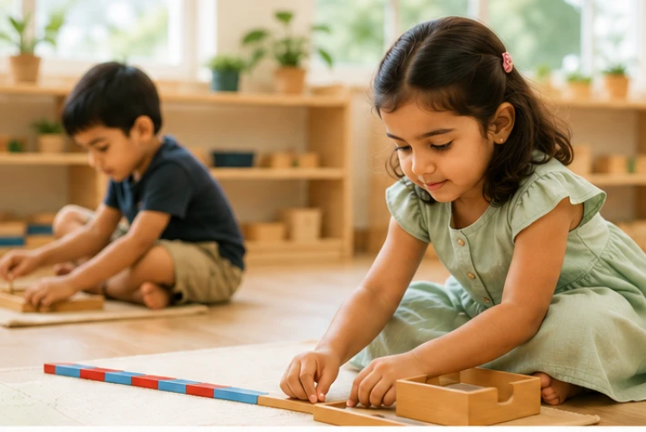 Indian children working independently with Montessori learning materials in a Freethinking Montessori School classroom