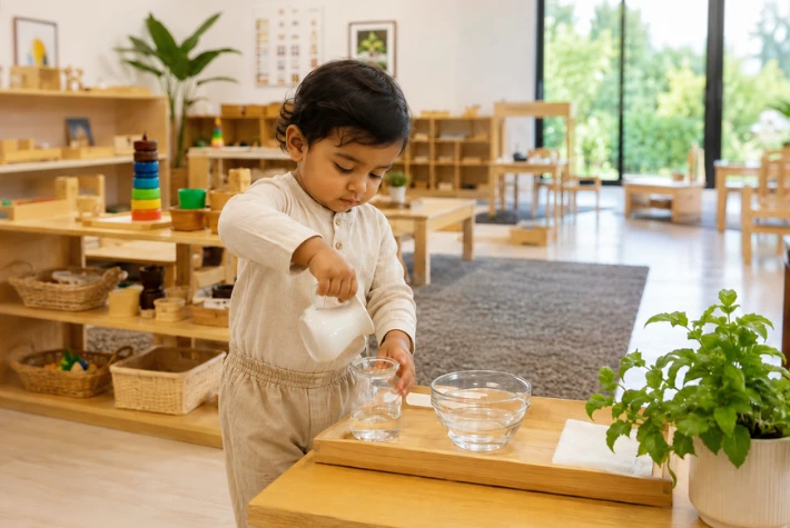 Indian toddler practising a water-pouring activity in the Freethinking Montessori School classroom